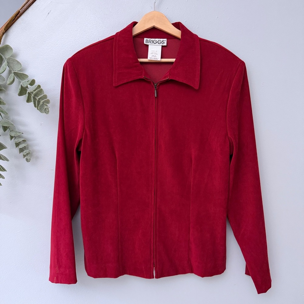 Briggs Jacket Blazer Dark Red Officecore Zip Up Faux Suede Collared Long Sleeve